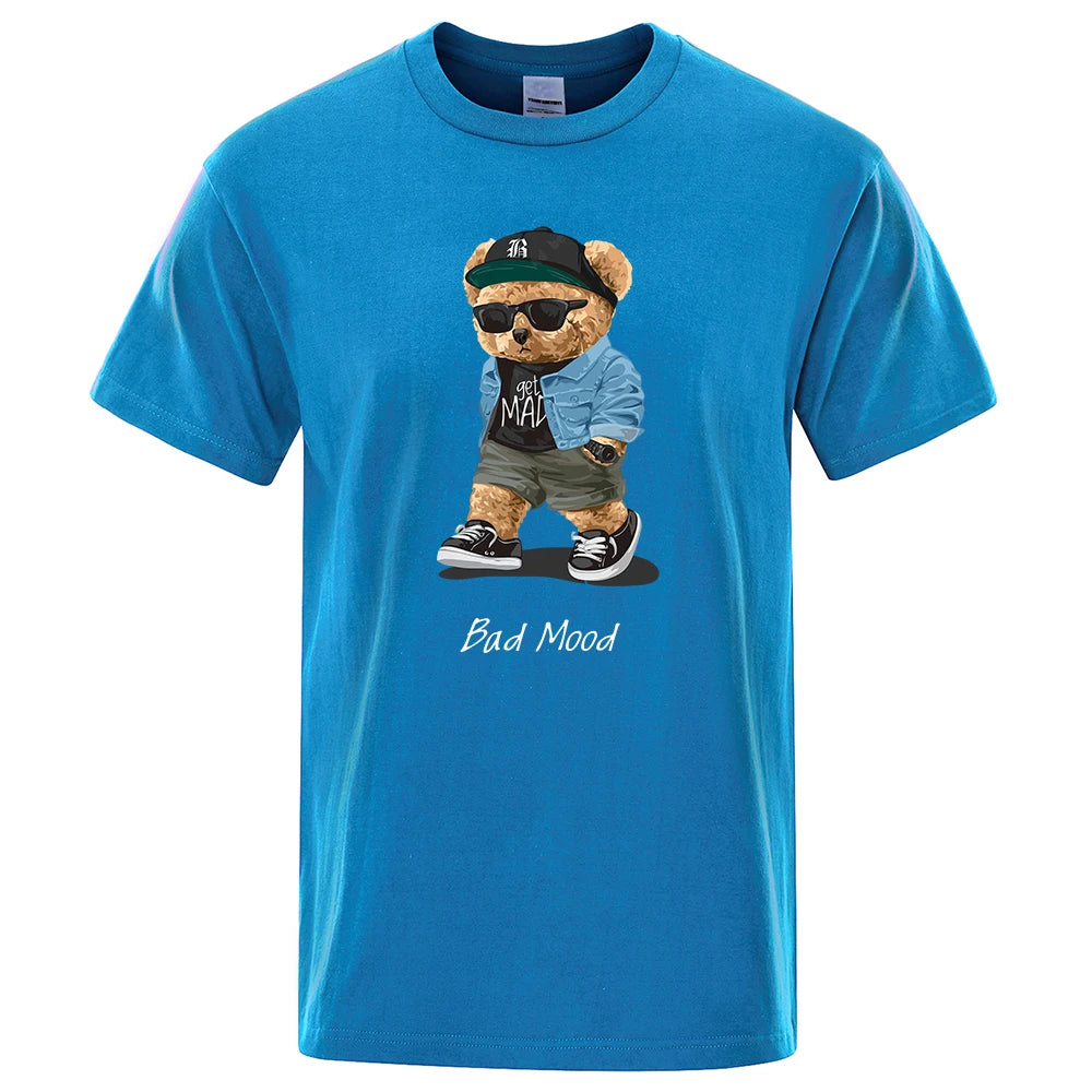 Blue t-shirt with a bear graphic and 'Bad Mood' text on a white background
