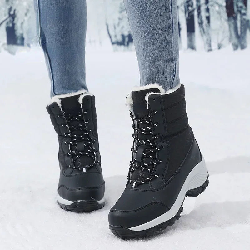 .  Boots for Women Platform Outdoor Snow Boots Non-slip Winter Walking Shoes Fur Warm Ankle Boots Wedge Waterproof Thigh High Boots black 00-