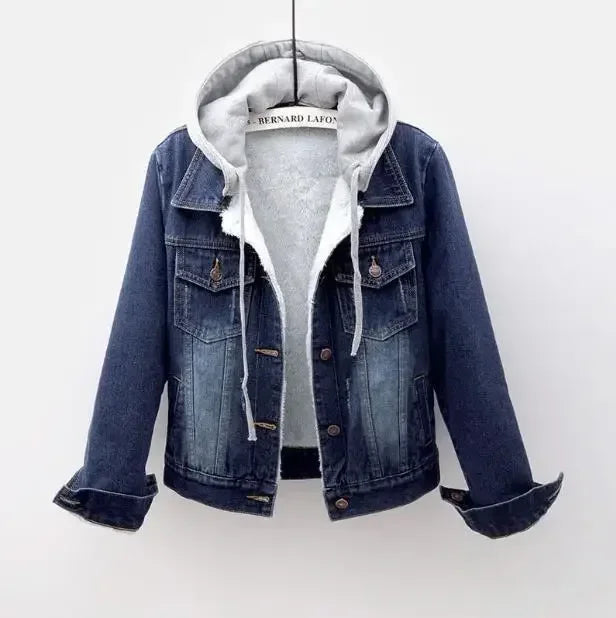 Denim jacket with a gray hoodie on a white background
