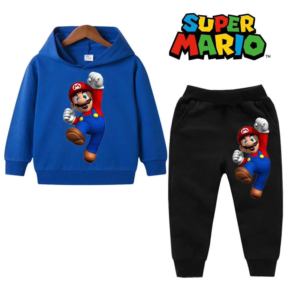 Blue hoodie and black pants with Super Mario character on a white background