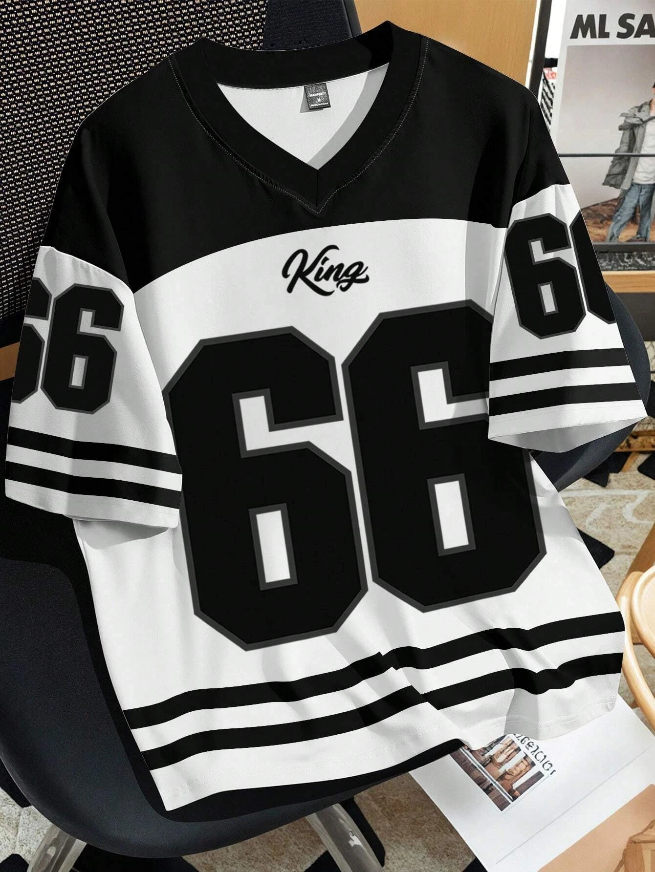 Women Clothing No.66 V-neck Football Jersey -white and black