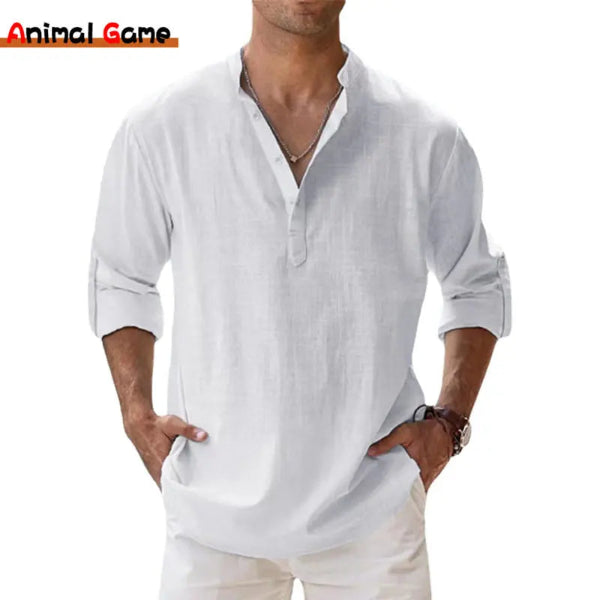 Lightweight men’s long sleeve cotton linen Henley shirt in casual beach style white