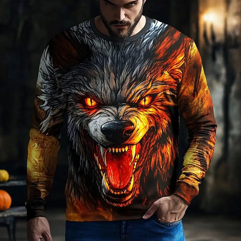 Person wearing a sweater with a wolf design in a dark, possibly forest setting.