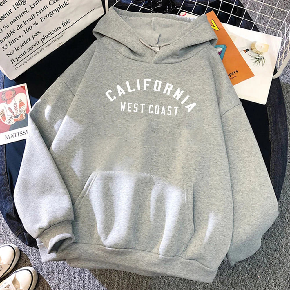 Women's California West Coast loose hoodie with creative pattern and fleece lining -gray