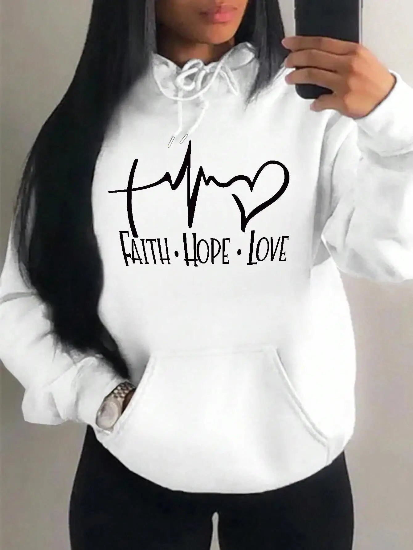Faith Hope Love Letter Graphic Women’s Hoodie - Street Casual Sweatshirt-white