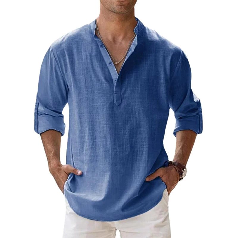 Lightweight men’s long sleeve cotton linen Henley shirt in casual beach style L blue