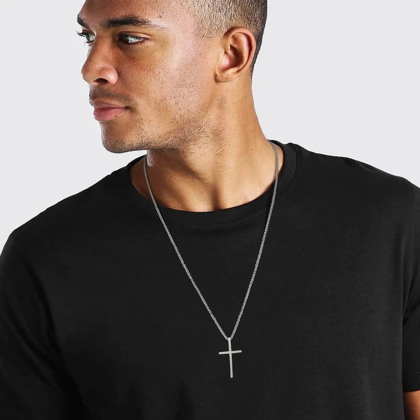 Vnox stainless steel layered men’s cross pendant necklace with rope chain  -  alone