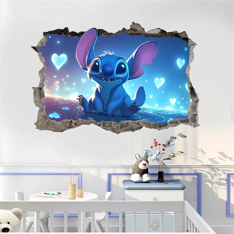 Wall decal of a cartoon character in a child's room with crib and toys.