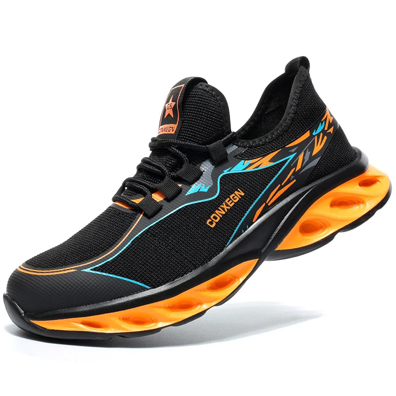 Men’s steel toe safety work shoes with anti-smashing and anti-piercing design, protective indestructible sports security boots orange red