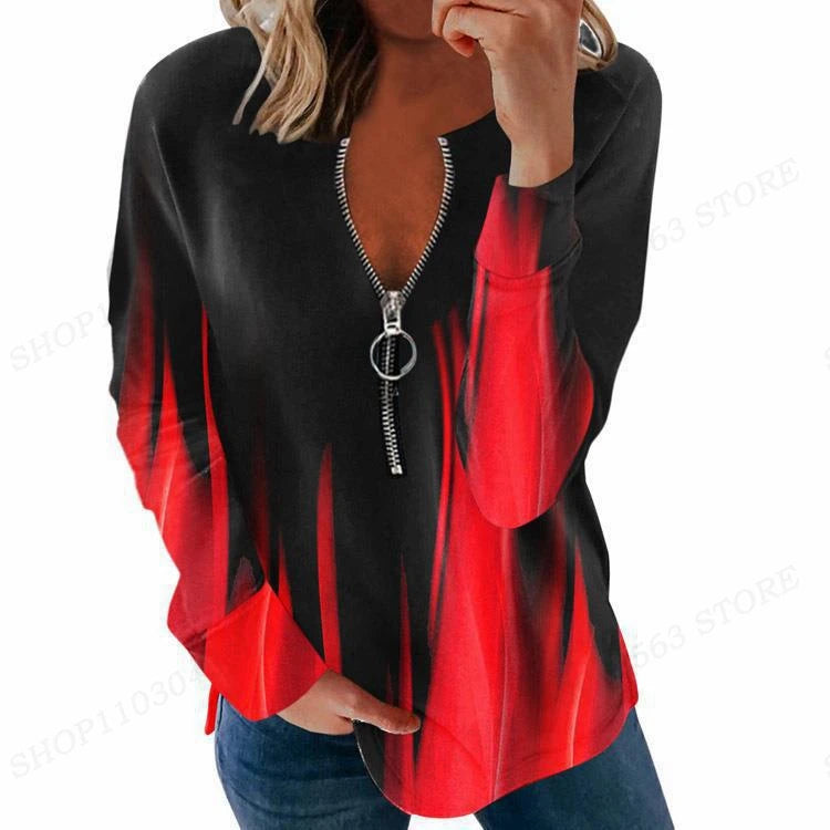Women's Y2K oversized zip-up hoodie with geometric star pattern and crewneck design - red black