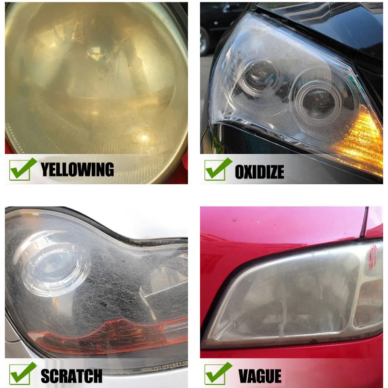 Collage of car headlights showing yellowing, oxidation, scratching, and blurriness issues.