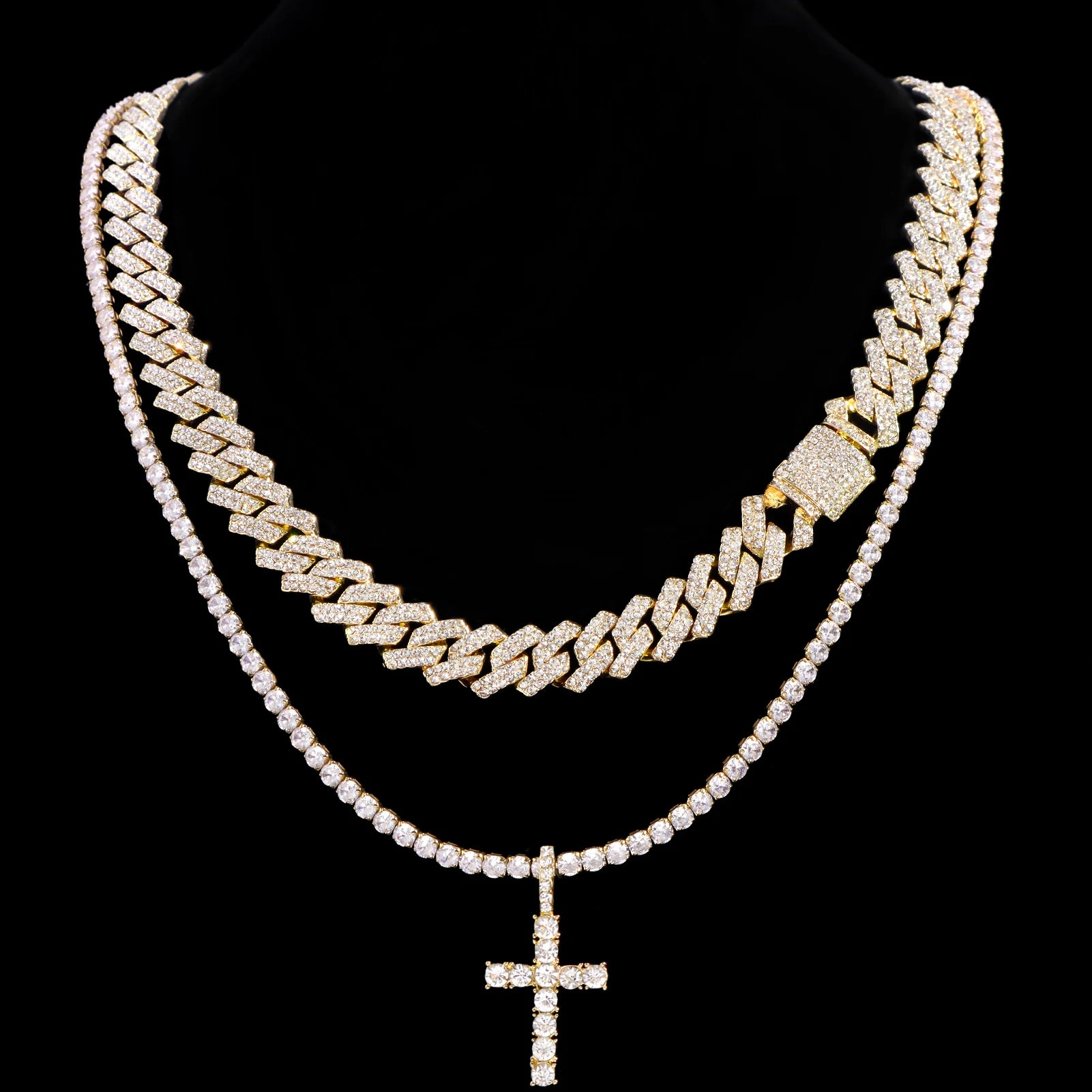 2pcs iced out hip hop Cuban chain and cross tennis necklace for men and women  - 005