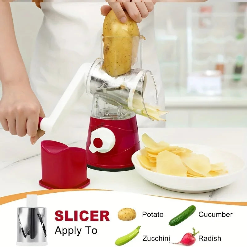 Manual vegetable cutter and slicer with 3 sharp drums for cheese, garlic, potato, multifunctional kitchen chopper shredder machine slicer