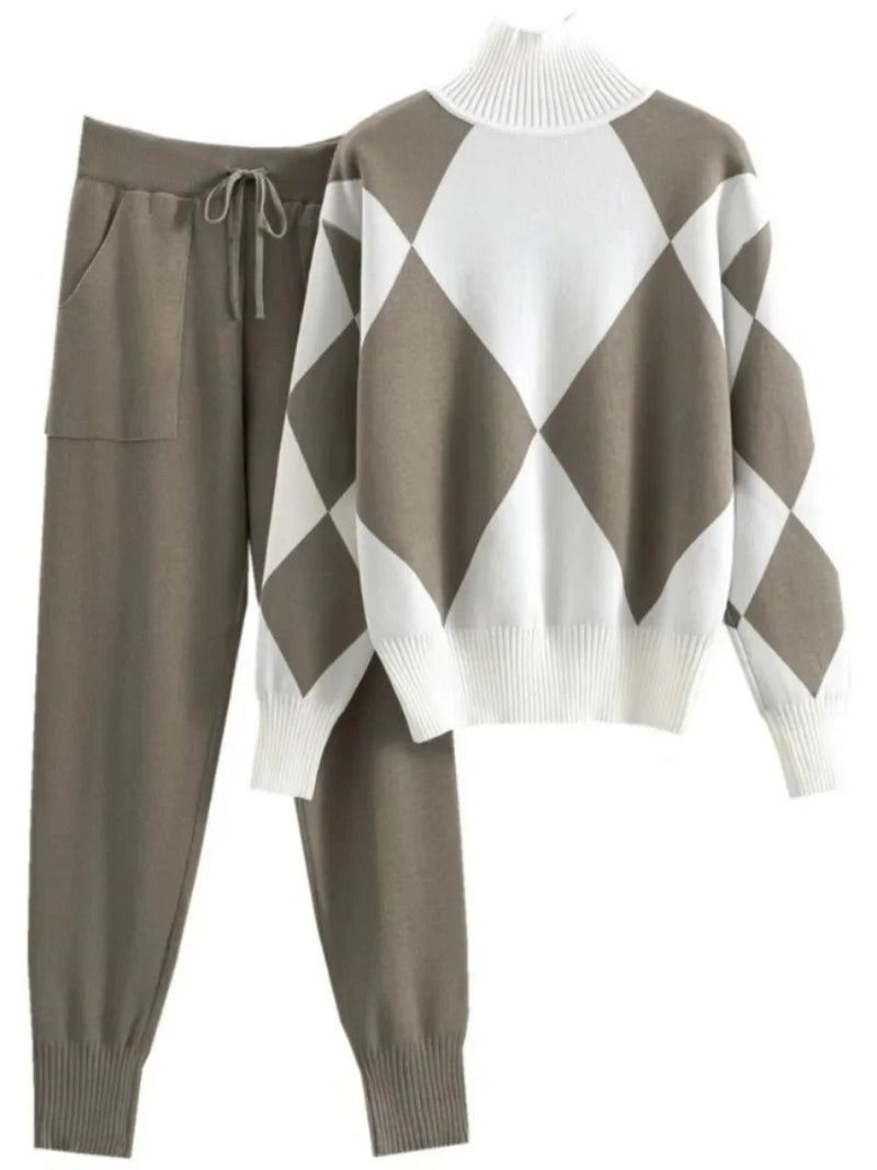 Brown and white argyle patterned sweater with matching pants on a white background