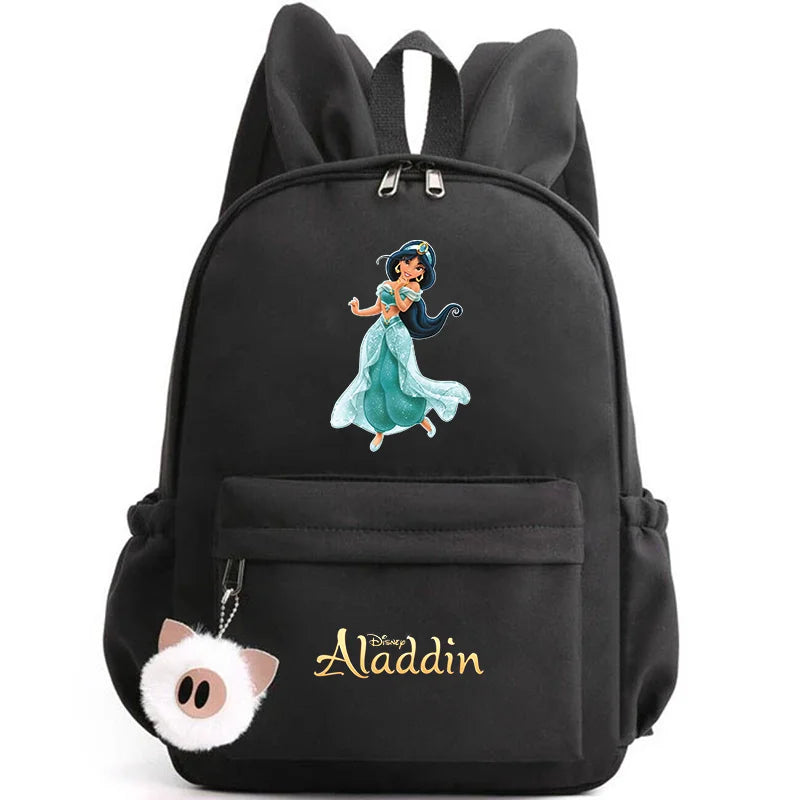 Black backpack with Disney Aladdin design on a white background