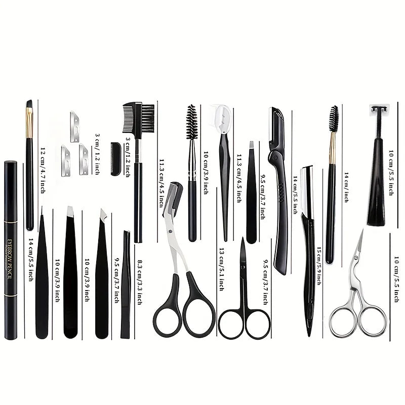 Set of black grooming tools with measurements on a white background