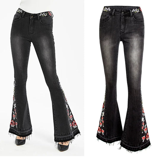Jeans Flare Pants Women Embroidery Boot Cut Streetwear Mid Waist Floor Length Pockets Washed Distressed Vintage Denims Trousers