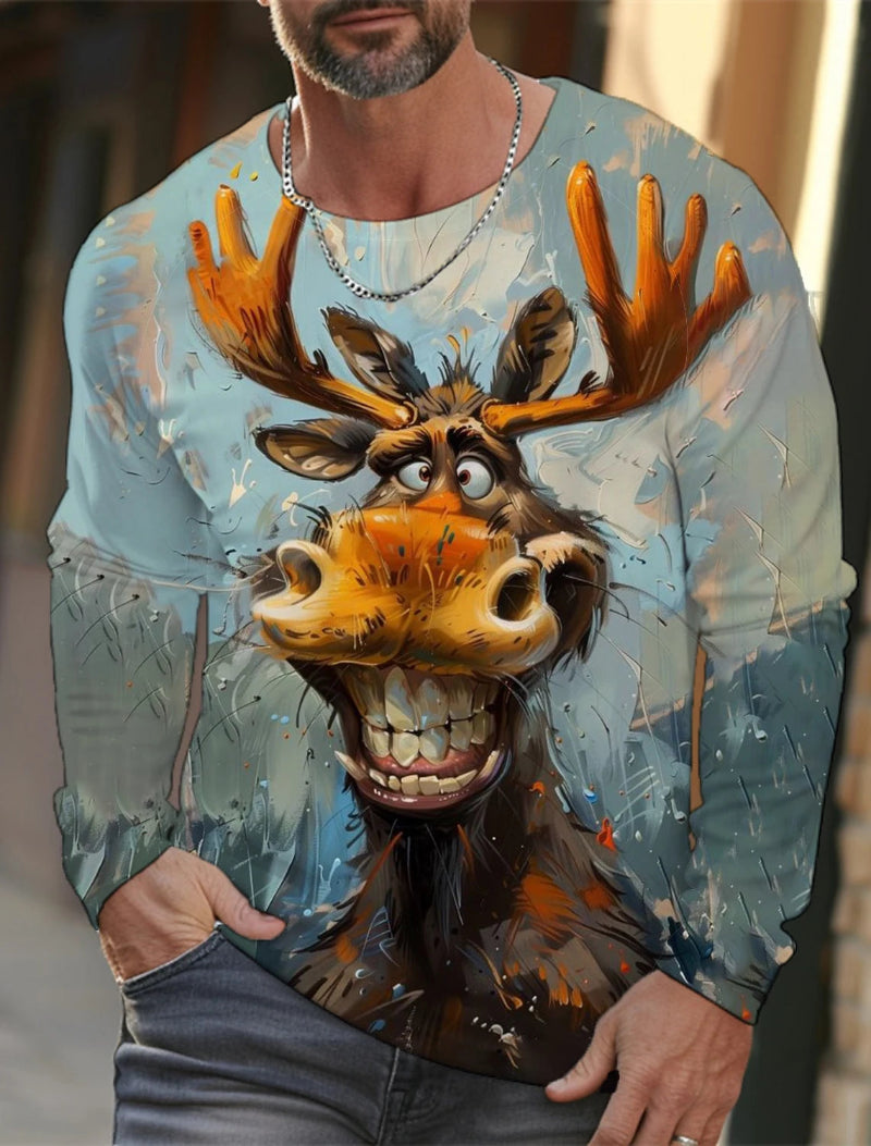 Person wearing a sweater with a cartoon moose design