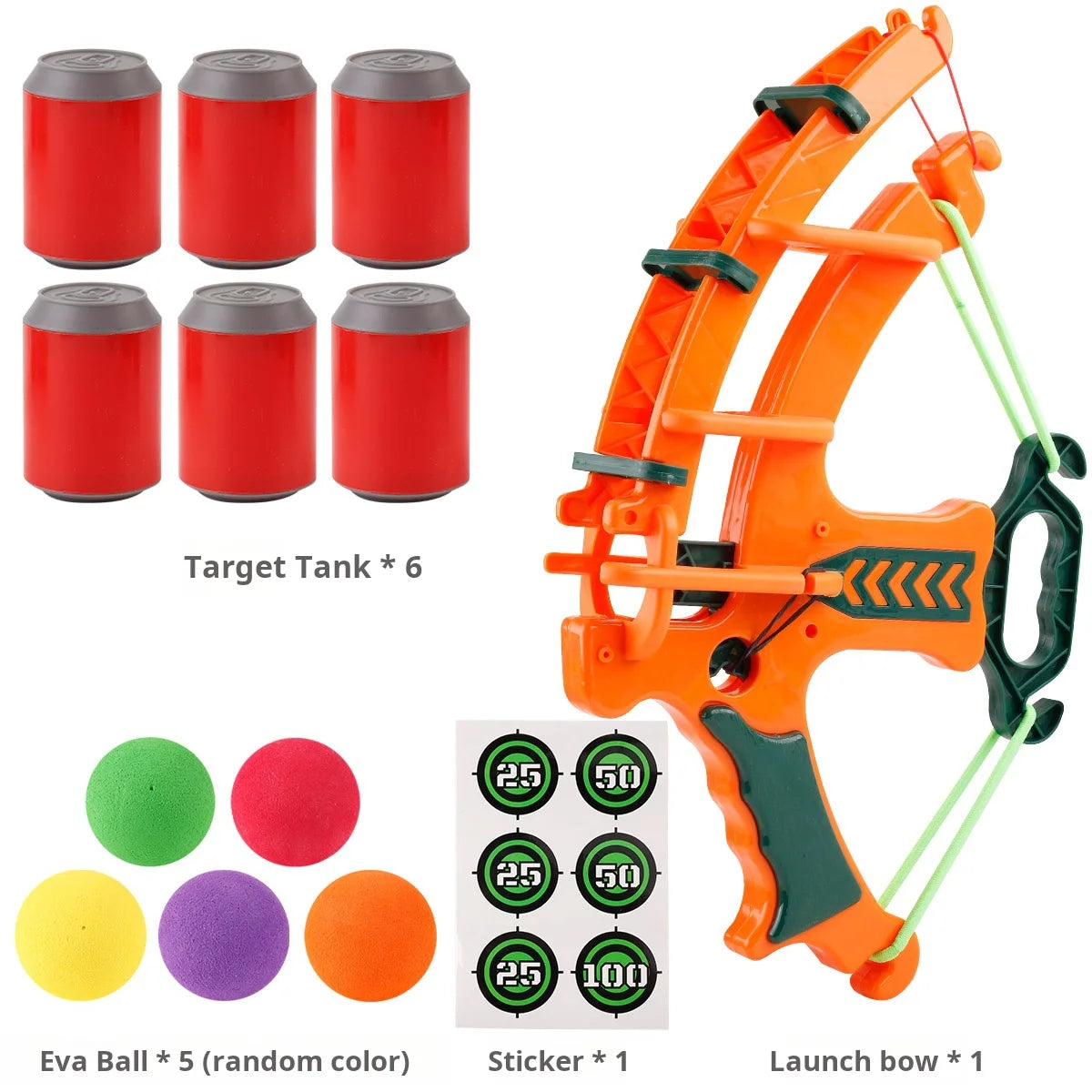Toy archery set with orange launch bow, red target tanks, and colorful Eva balls on a white background.