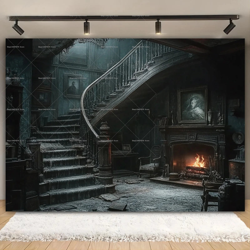 Dark, moody interior scene with staircase and fireplace on a wall mural.