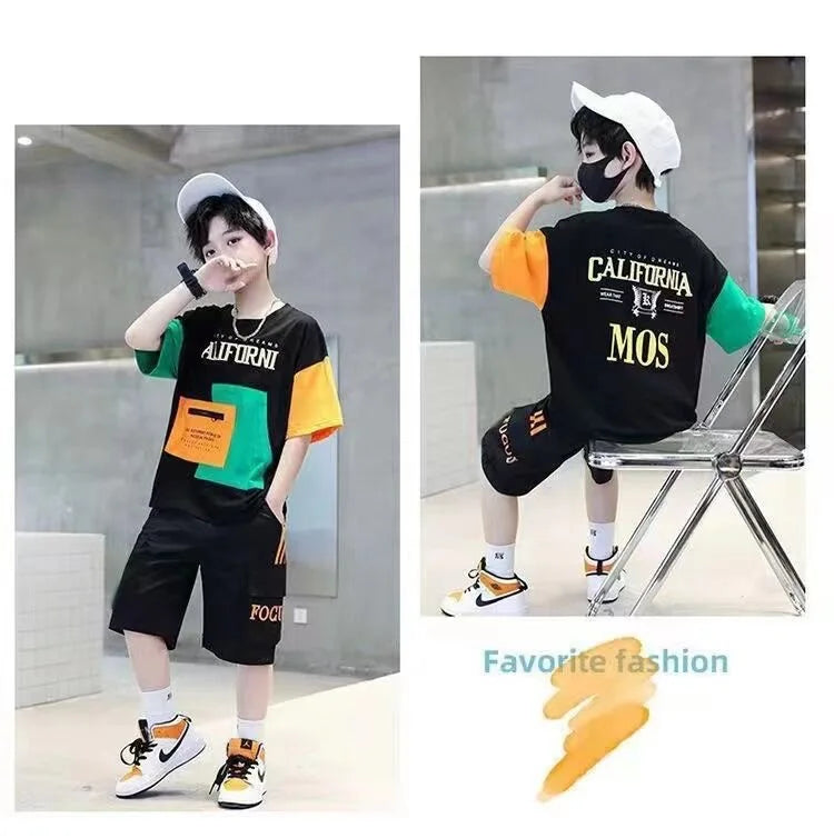 T-shirt plus shorts 4 - 14 Years. -black green