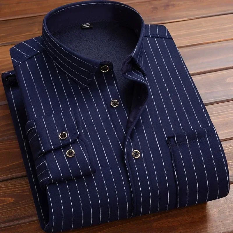 2024 men's thick warm plaid shirt with long sleeves in large 4XL size - blue lines