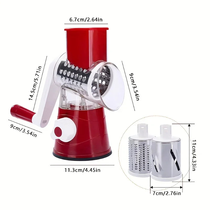 Manual vegetable cutter and slicer with 3 sharp drums for cheese, garlic, potato, multifunctional kitchen chopper shredder machine dimensions