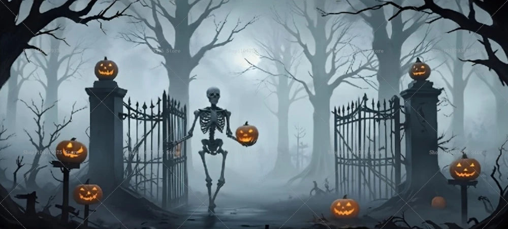 Skeleton holding pumpkins in a foggy, Halloween-themed forest with gates and pumpkins.