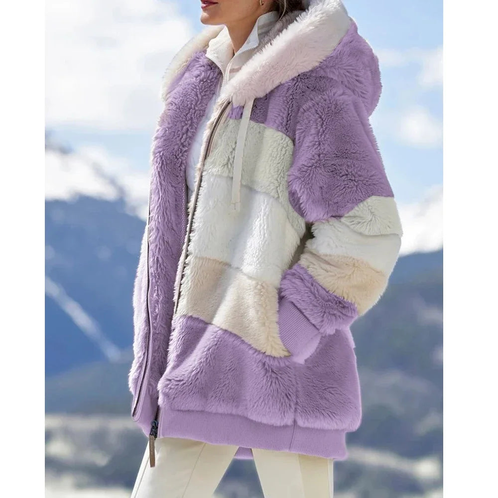 Faith Winter Fashion Women's Hooded Thick Cashmere Coat with Plaid Stitching- purple 2ndl