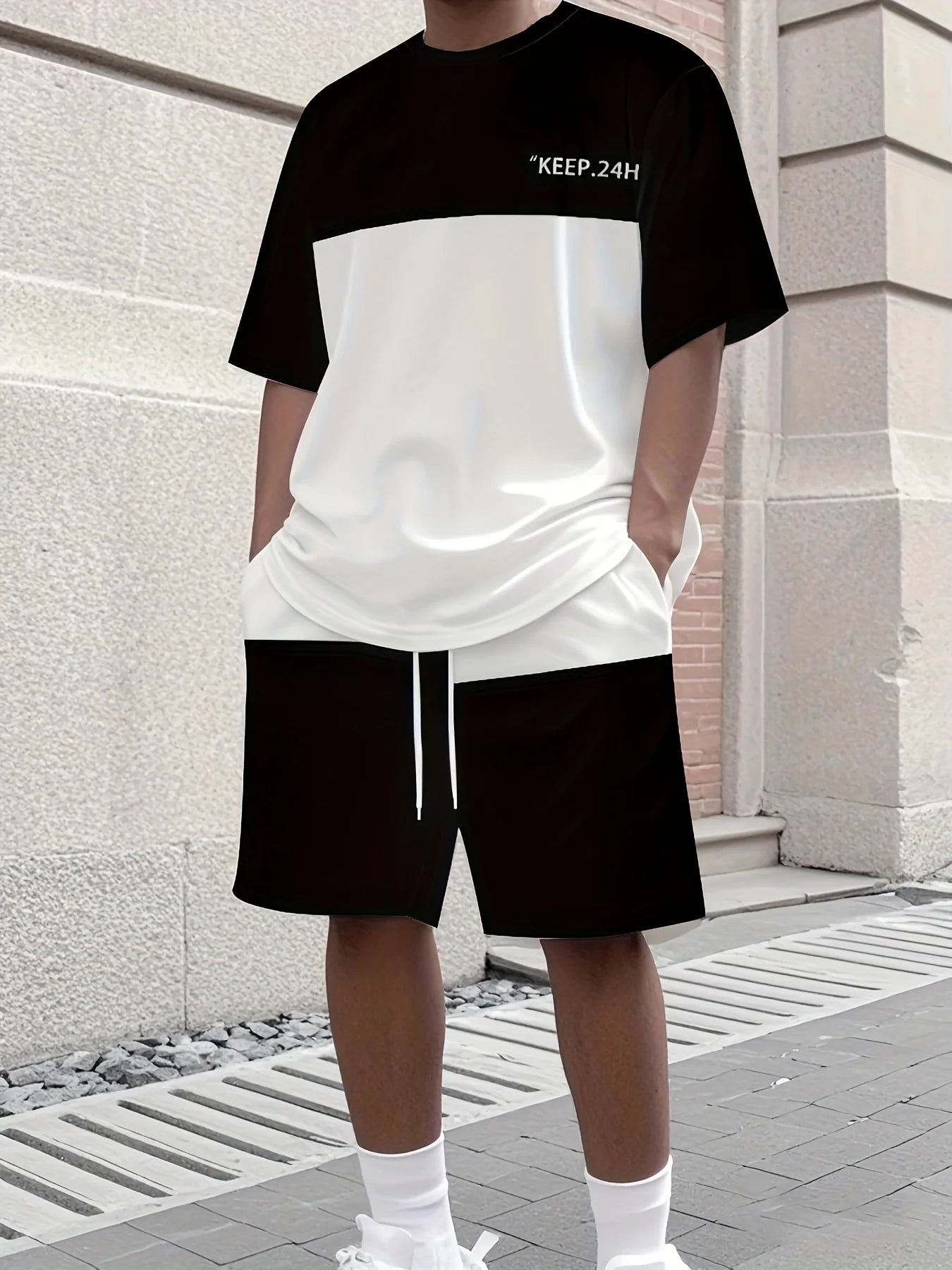 Men's Sports T-Shirt and Shorts Set -black and white