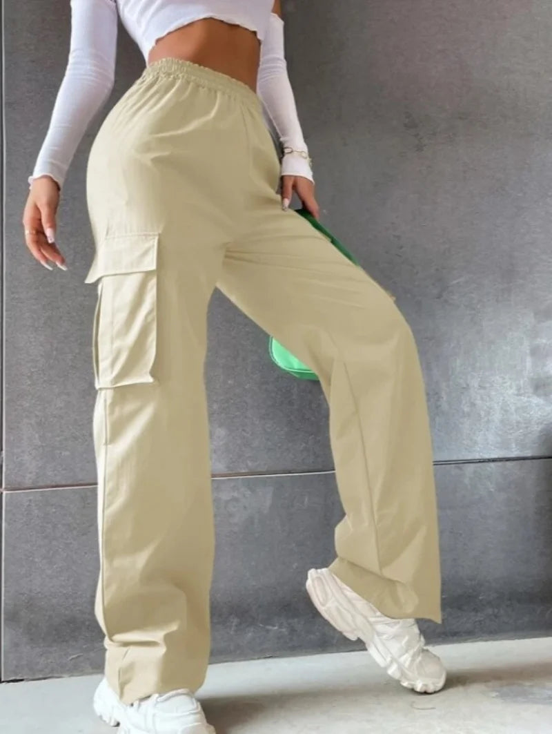 Fashion women’s baggy joggers pants, casual chic straight cargo pants, elastic high waist oversized trousers for commuting beige