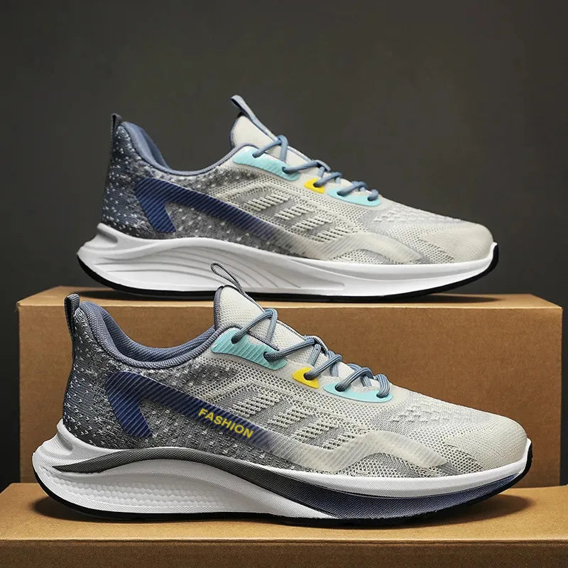 Lightweight men's mesh lace-up sneakers in casual style, breathable vulcanized shoes for walking or everyday wear- light blue