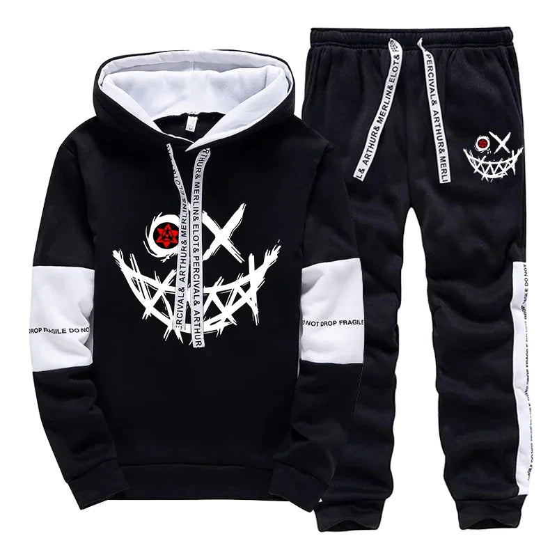 Black hoodie and pants set with white designs on a white background
