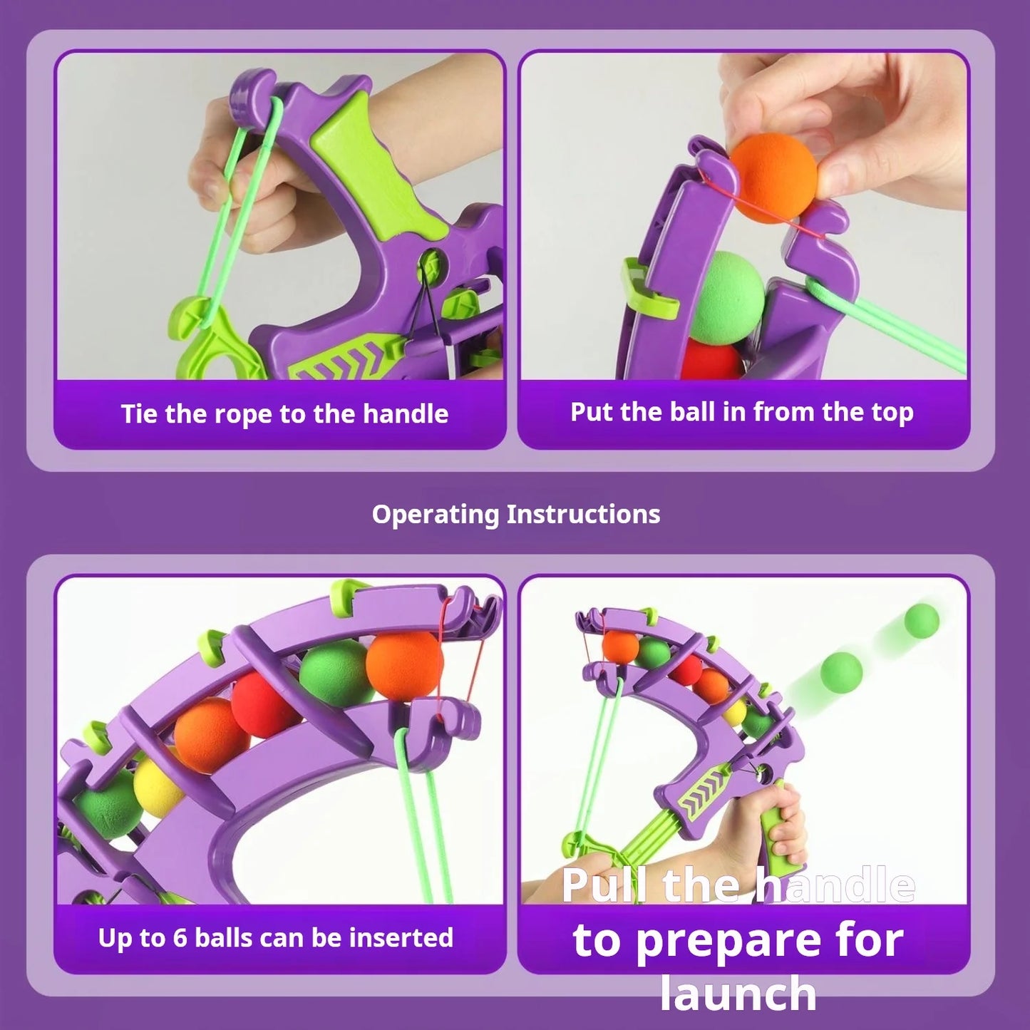 Step-by-step instructions for using a colorful toy archery set on a purple background.