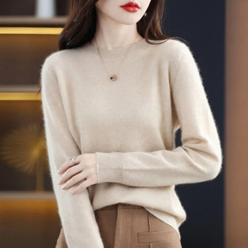 Women’s long-sleeved solid color knit pullover sweater with O-neck khaki