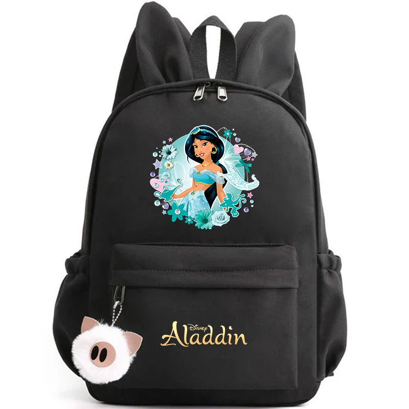 Black backpack with Aladdin character design and 'Aladdin' logo on a white background
