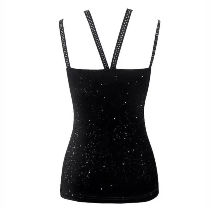 Black tank top with thin straps on a white background