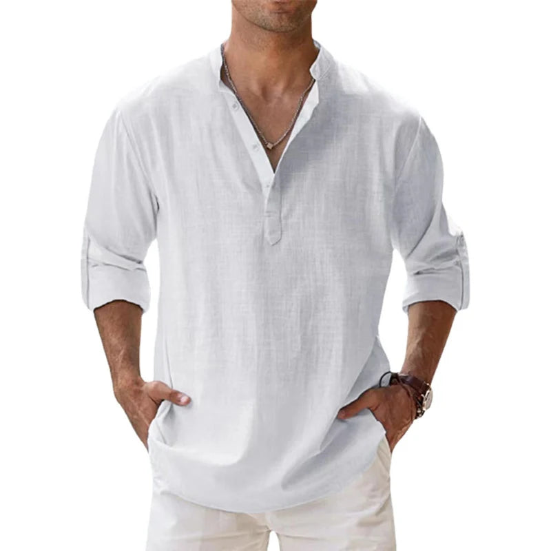 Lightweight men’s long sleeve cotton linen Henley shirt in casual beach style white