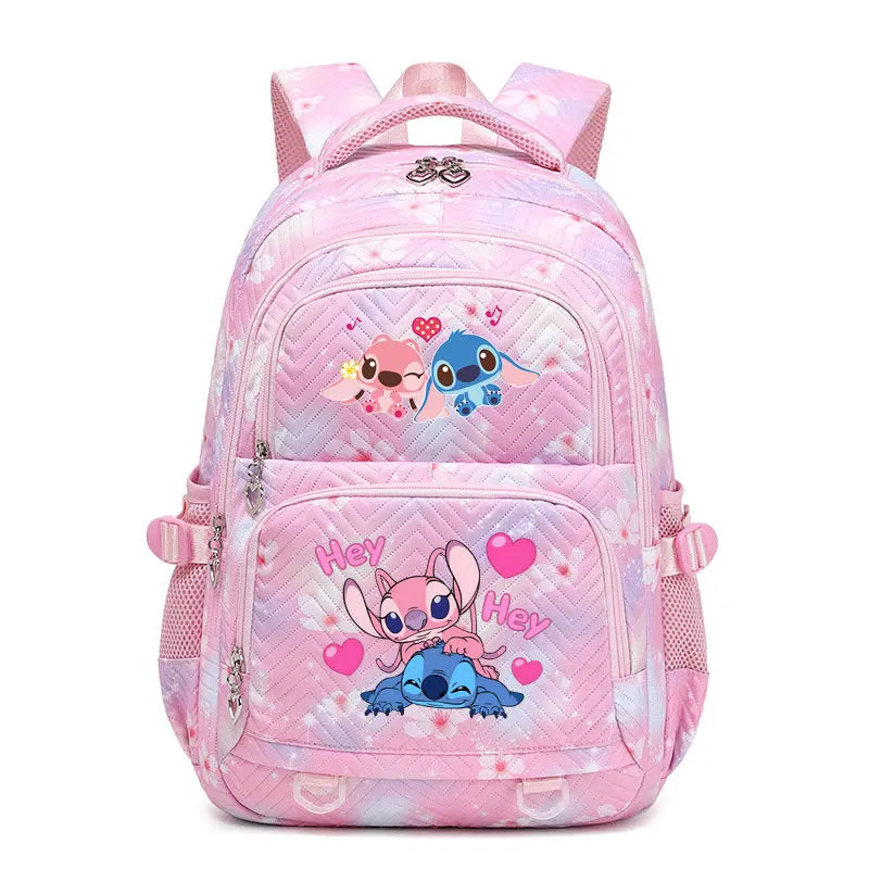 Pink backpack with cartoon characters on a white background