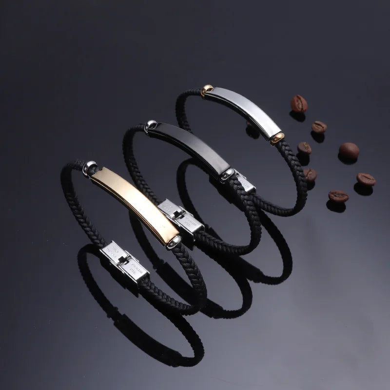 Punk Thin Custom name Leather Men Bracelet Personalized Stainless Steel Bracelets For Women Men ID Bracelet