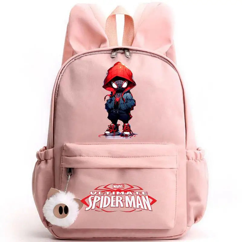 Pink backpack with Spider-Man design on a white background
