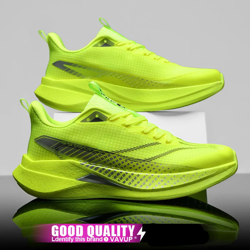 Neon green running shoes on a reflective surface with a gray background