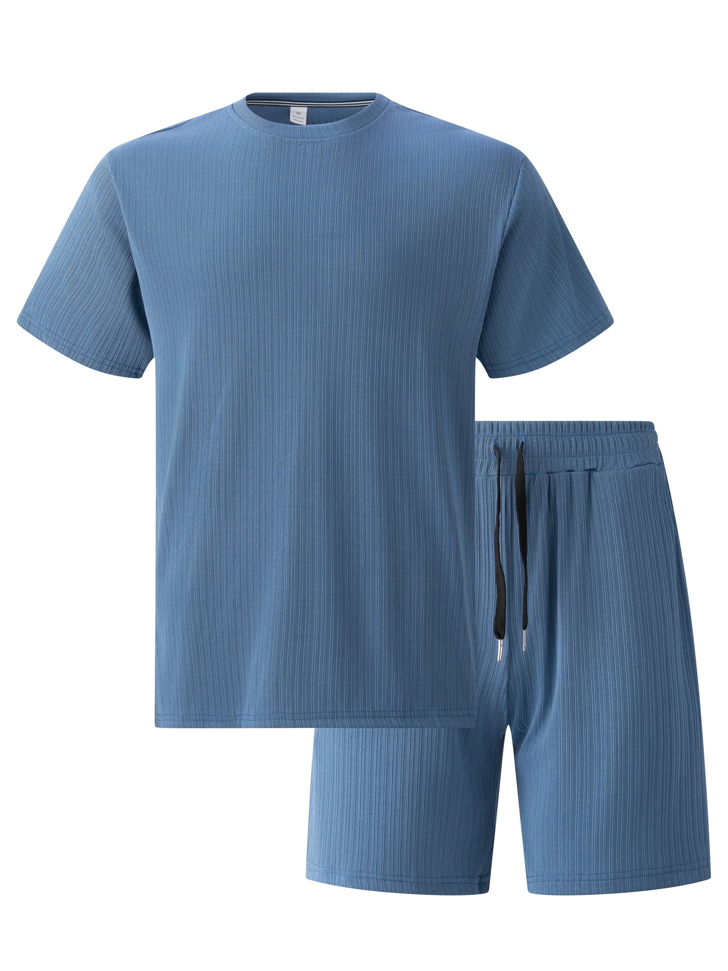 Blue ribbed t-shirt and shorts set on a white background
