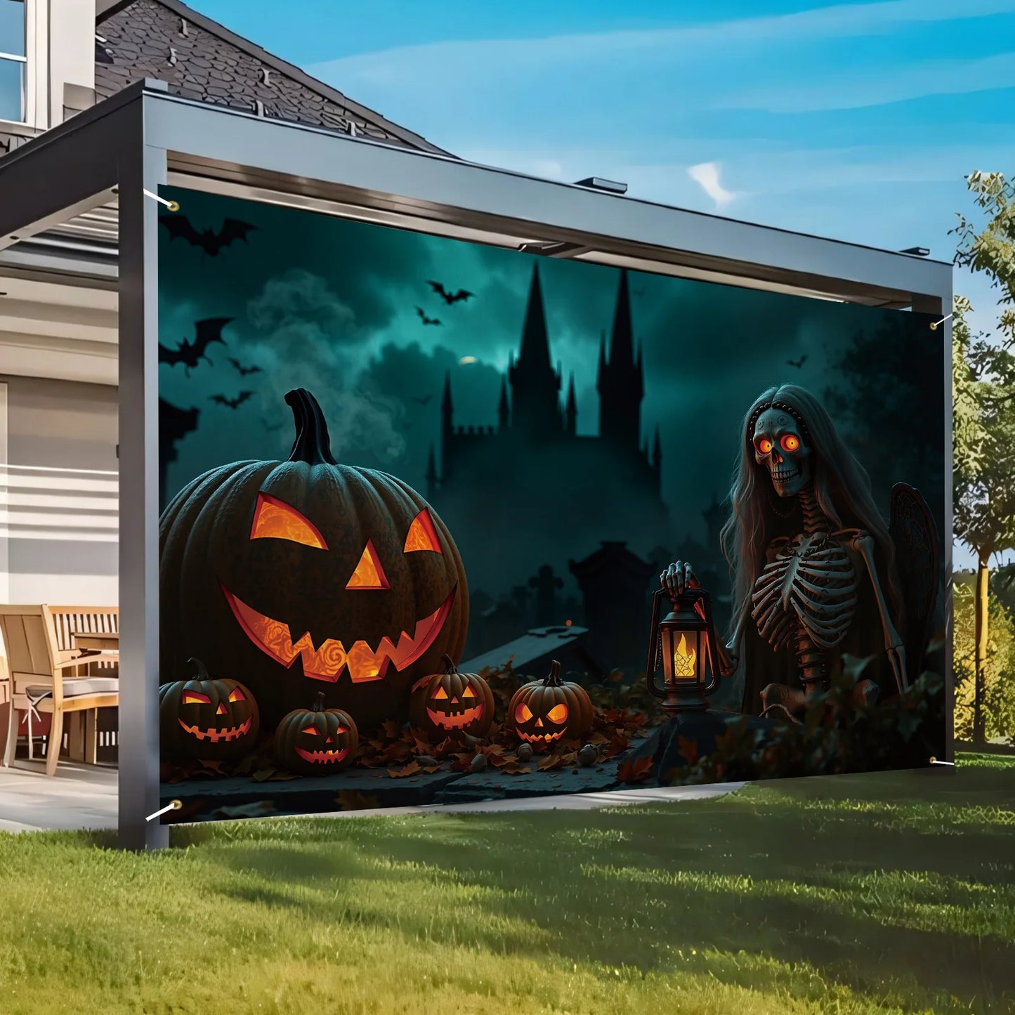 Halloween-themed outdoor screen with pumpkins and skeleton in front of a house.