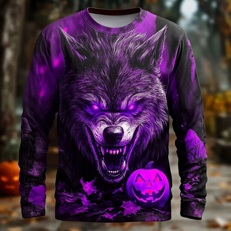 Purple and black long-sleeve shirt with a wolf and pumpkin design on a Halloween-themed background.