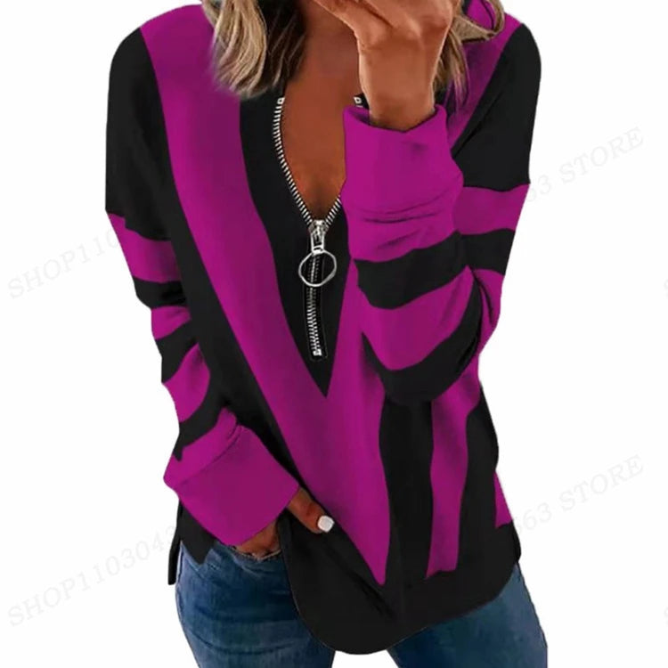 Women's Y2K oversized zip-up hoodie with geometric star pattern and crewneck design - back purple
