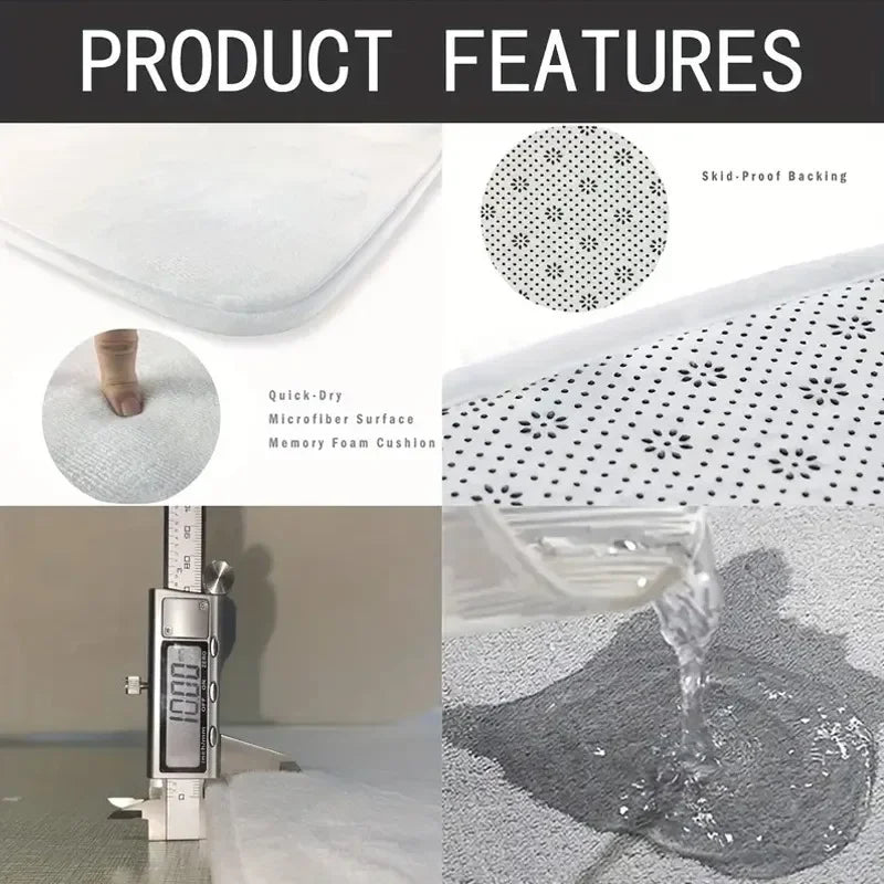 Product features of a bath mat with quick-dry surface, memory foam cushion, and water-resistant backing.