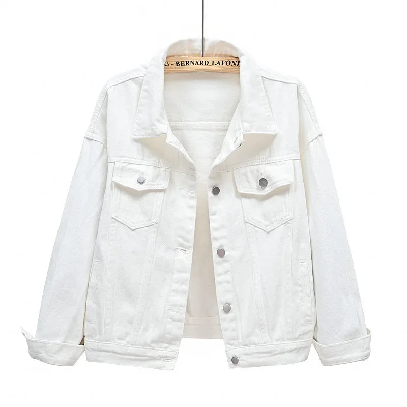 White denim jacket on a hanger with a white background