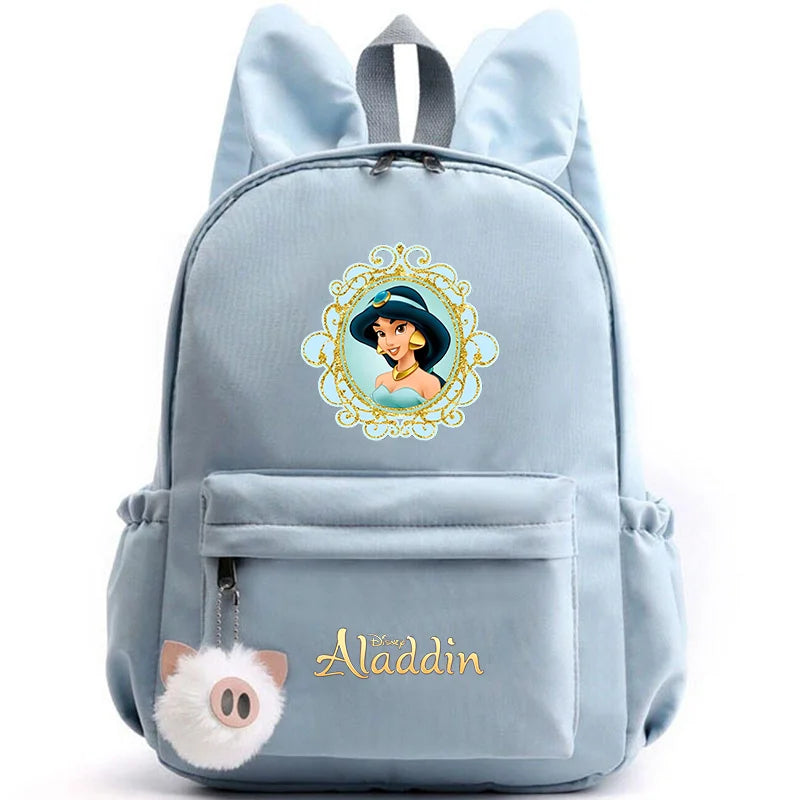 Light blue backpack with Aladdin design on a white background