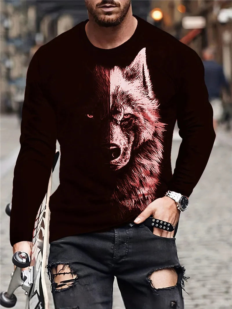 Person wearing a black long-sleeve shirt with a wolf graphic on a blurred street background